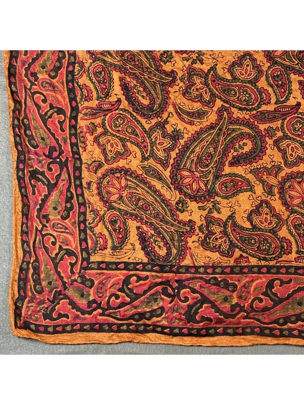 Vintage Paisley Patterned Silk Square Scarf with Orange and Red Tones